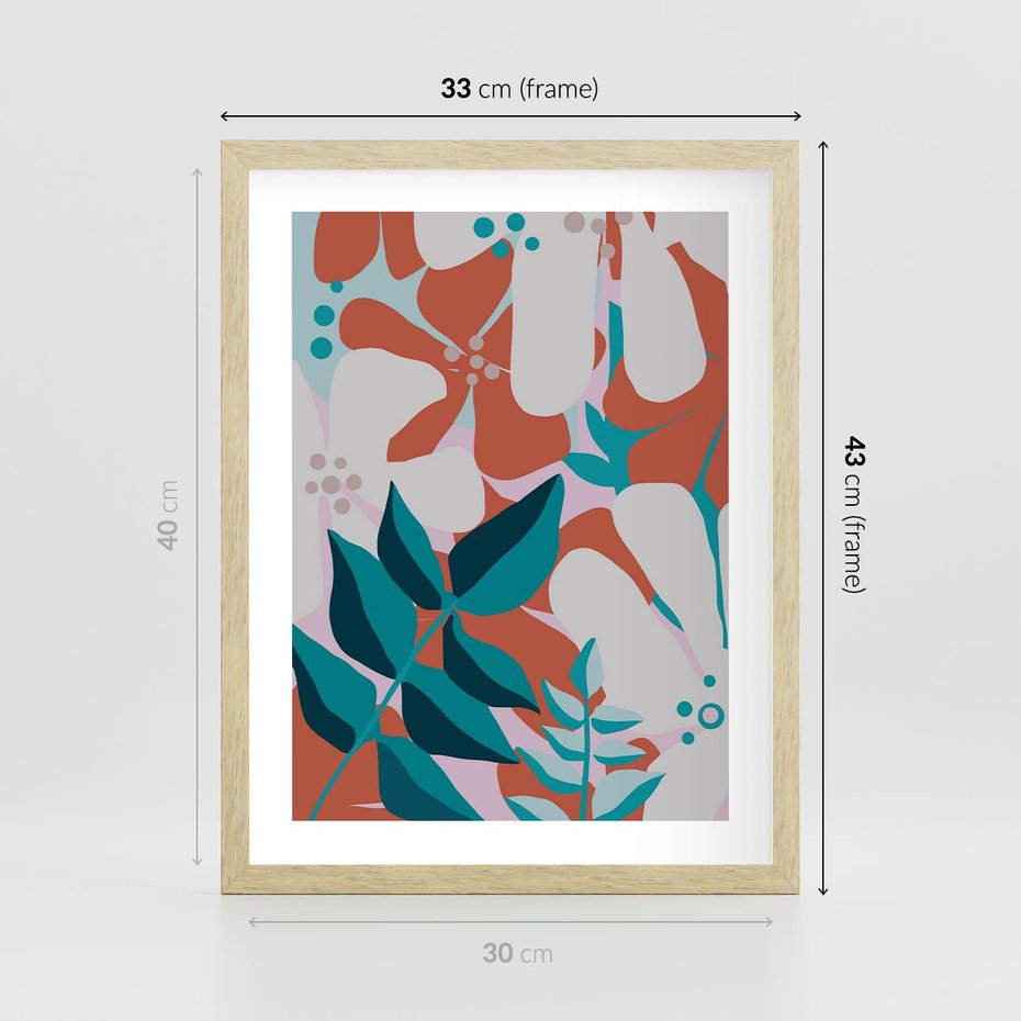 Plakat w ramie 30x40 - Harmonijne Formy - abstrakcyjna kompozycja kwiatowych form, kolor zgaszone - rama drewno