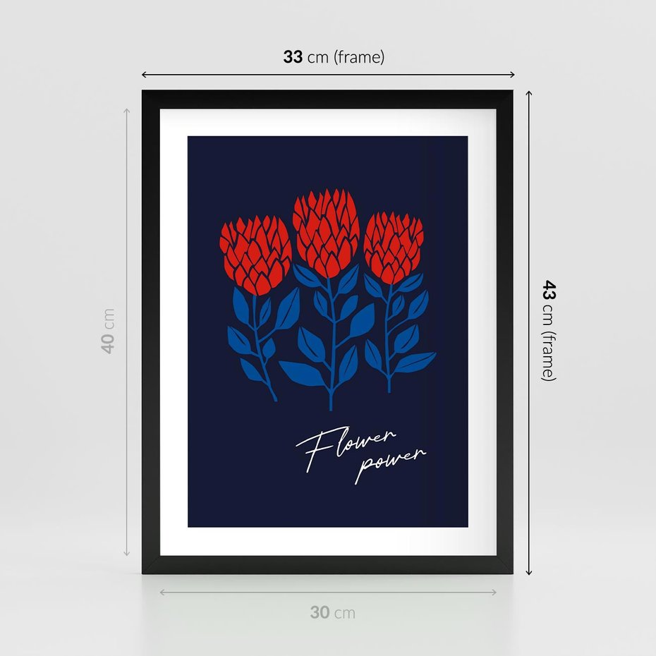 Plakat w ramie 30x40 - Podróżne Barwy - czerwone abstrakcyjne kwiaty, granatowe tło - rama czarna