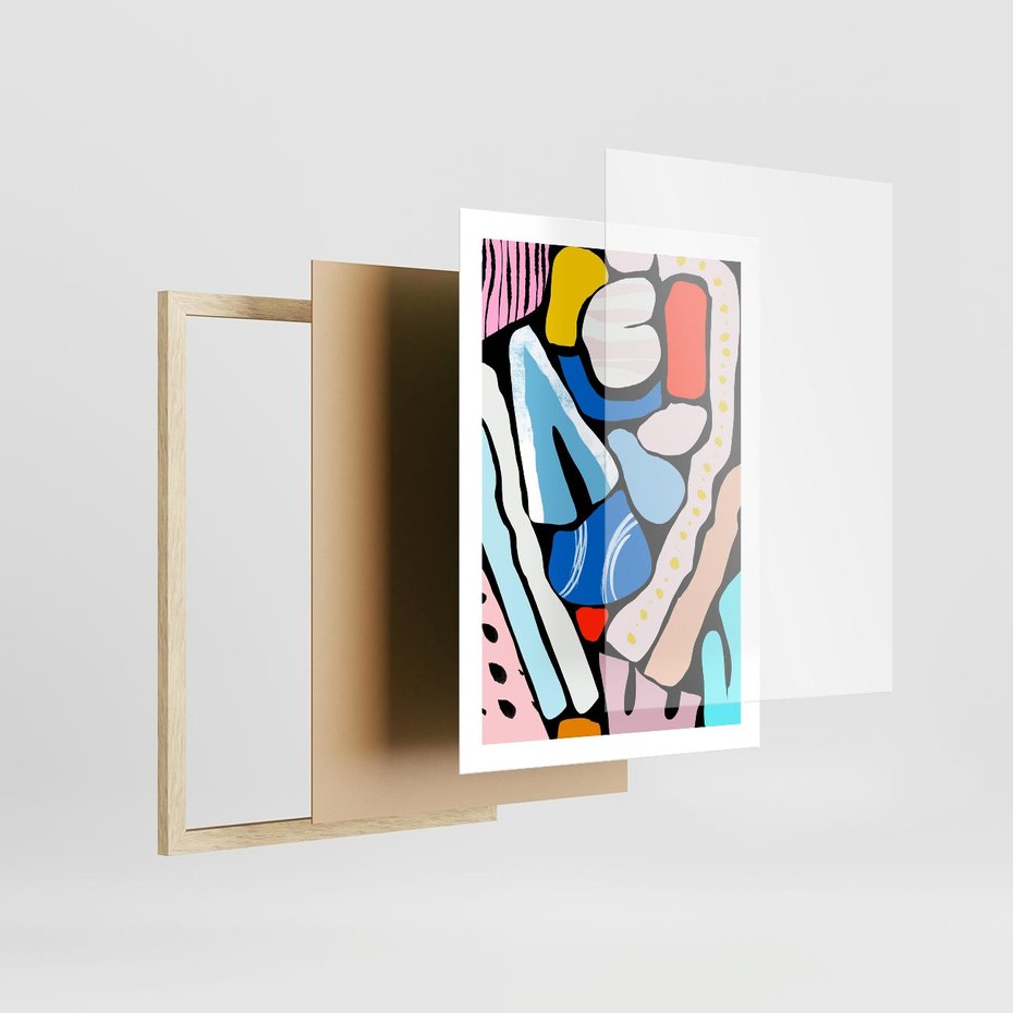 Plakat w ramie 50x70 - Kolory Na Czerni - abstrakcyjne formy, komiksowy styl - rama drewno