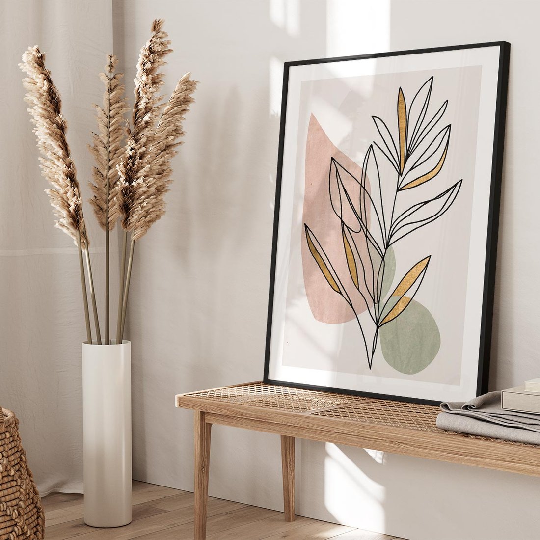 Plakat w ramie 40x50 - Impulsy Subtelnej Harmonii - abstrakcyjny obraz boho, liście - rama czarna