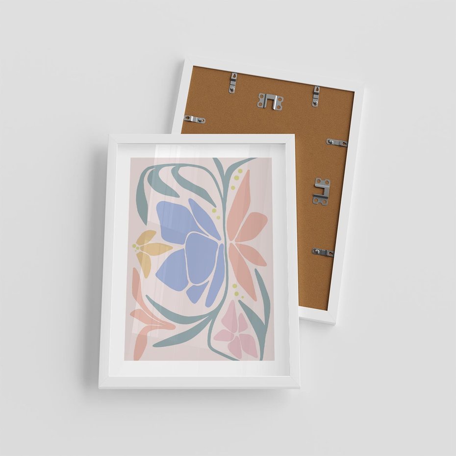 Plakat w ramie 30x40 - Pastele Kwiatowych Plam - pastelowe kwiaty, na beżowym tle - rama biała