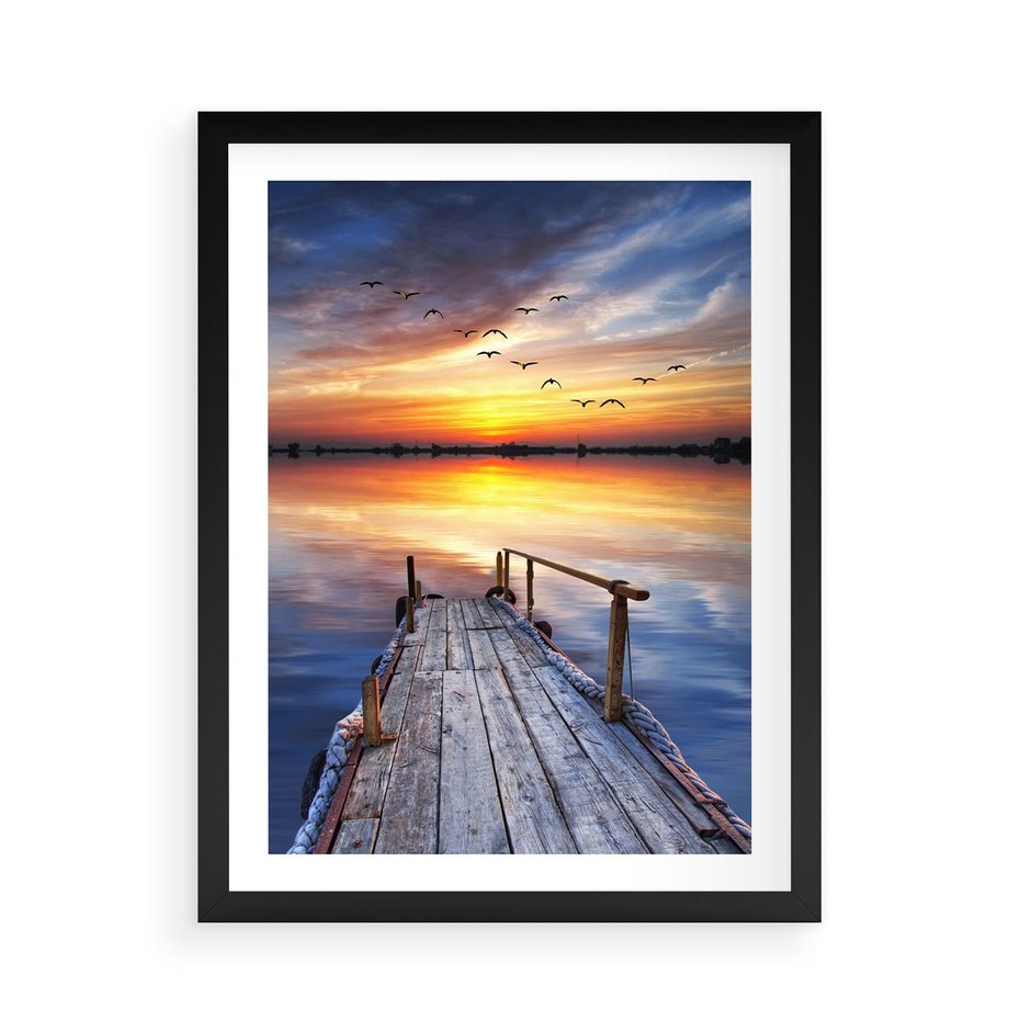 Plakat w ramie 50x70 - Zachód słońca na pomostcie - pomost, zachód - rama czarna