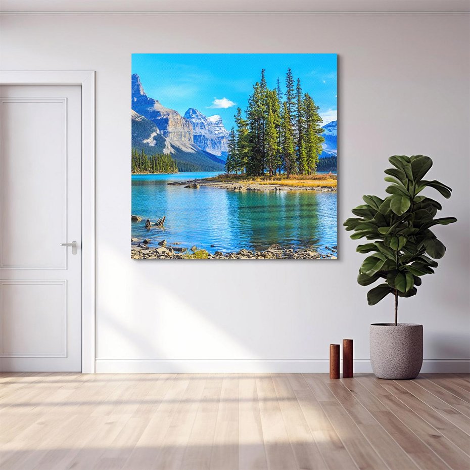 Obraz na płótnie 30x30 - spotkanie natury - góry, jezioro