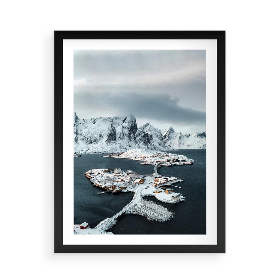 Plakat w ramie 50x70 - Ciepło i Urok Północy - skandynawskie, domki - rama czarna