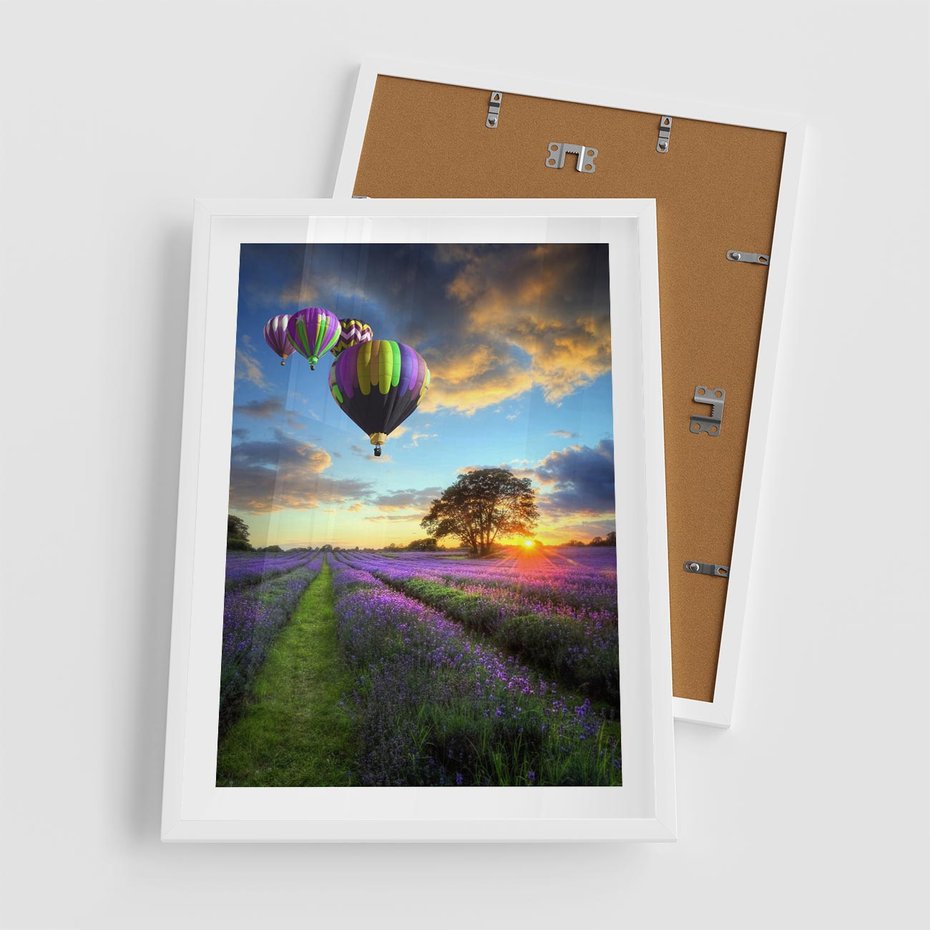 Plakat w ramie 50x70 - Lawendowe Marzenia - lawenda, balony - rama biała