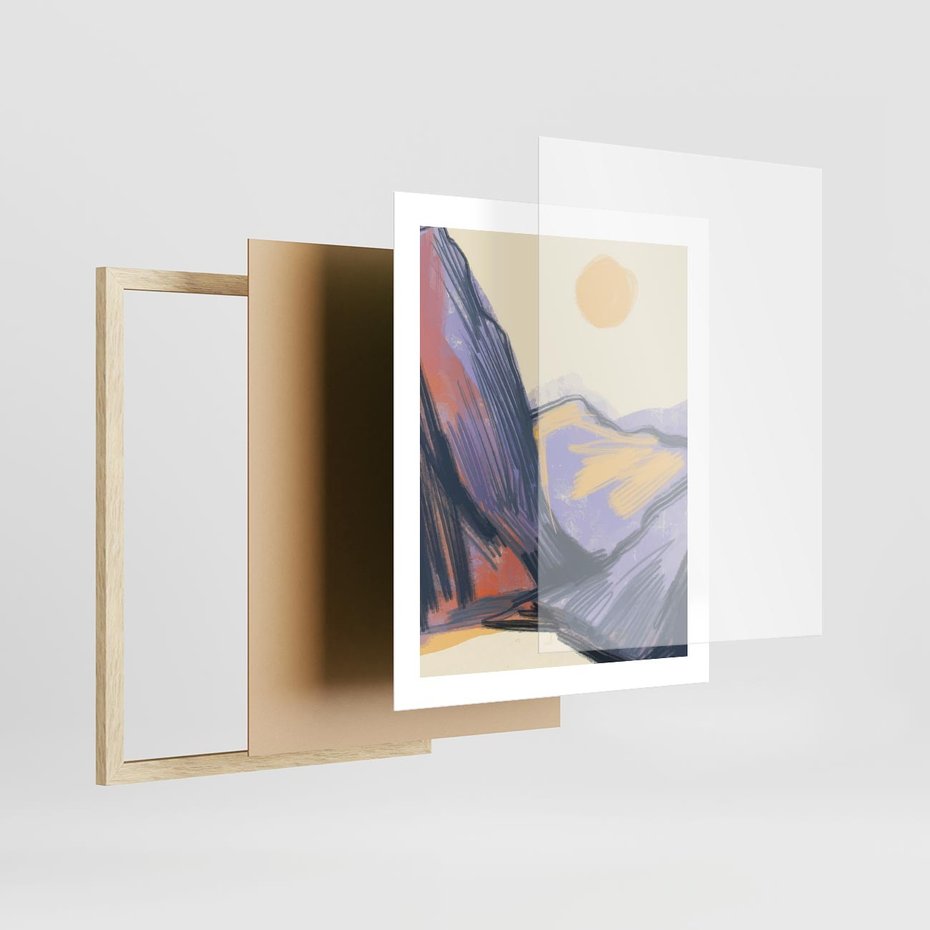 Plakat w ramie 40x50 - Ponad Szczytami - pastelowy krajobraz, nowoczesny plakat - rama drewno