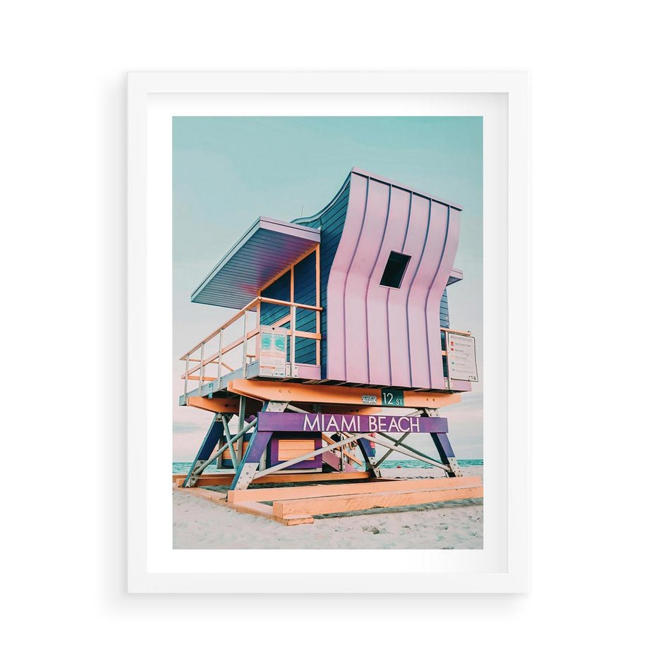 Plakat w ramie 50x70 - Miami Beach - plaża miami, domek ratownika - rama biała