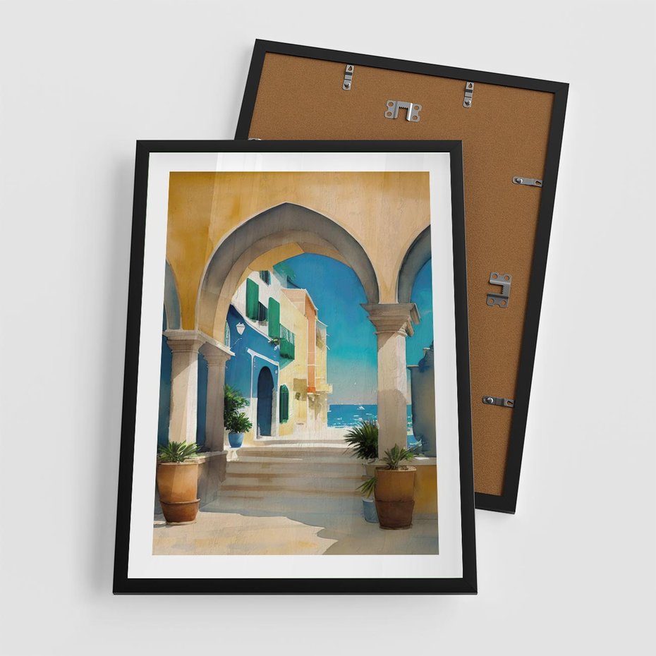 Plakat w ramie 50x70 - Nadmorskie Łuki - akwarela, śródziemnomorski klimat - rama czarna