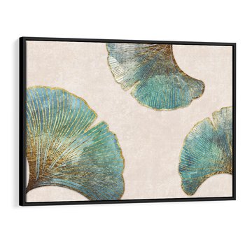 Obraz w ramie 100x70 - Złota Melodia Liści - złote, turkusowe liście miłorzębu - rama czarna