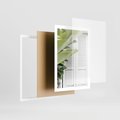 Plakat w ramie 50x70 - Tropikalne Okno - białe okiennice, zielona tropikalna roślina - rama biała