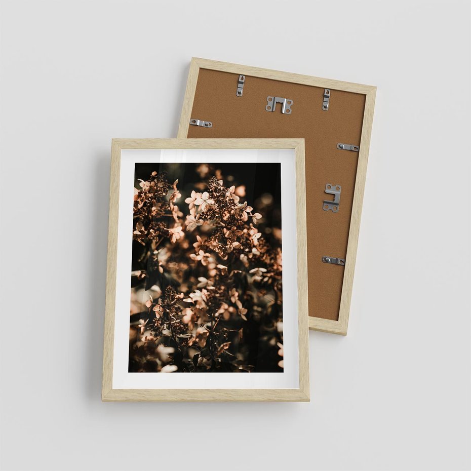 Plakat w ramie 30x40 - Sucha Kompozycja Kwiatów - suche kwiaty hortensji - rama drewno