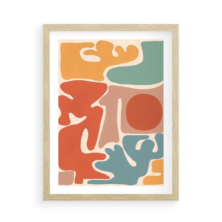 Plakat w ramie 50x70 - Pastelowa Symfonia Kształtów - abstrakcyjne kolorowe formy, pastelowe kolory - rama drewno