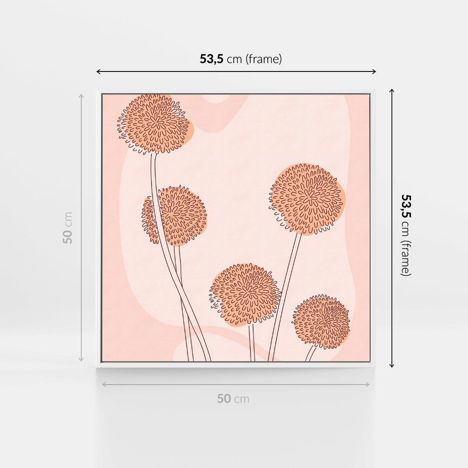 Obraz w ramie 50x50 - Rozkwitające Emocje - minimalistyczny plakat, pudrowe kwiaty - rama biała