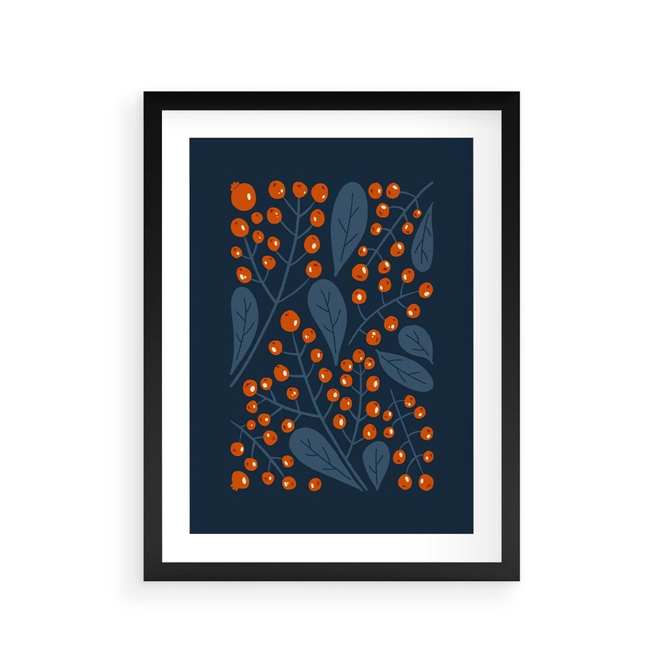 Plakat w ramie 30x40 - Symfonia liści i owoców - granatowe tło, pomarańczowe owoce jarzębiny - rama czarna