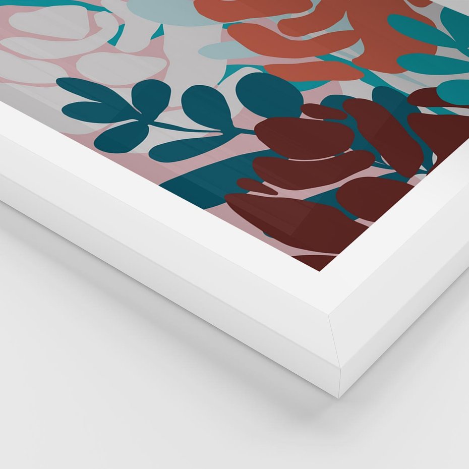 Plakat w ramie 30x40 - Impresje Kształtów - abstrakcyjna kompozycja kwiatowych form, kolor zgaszone - rama biała