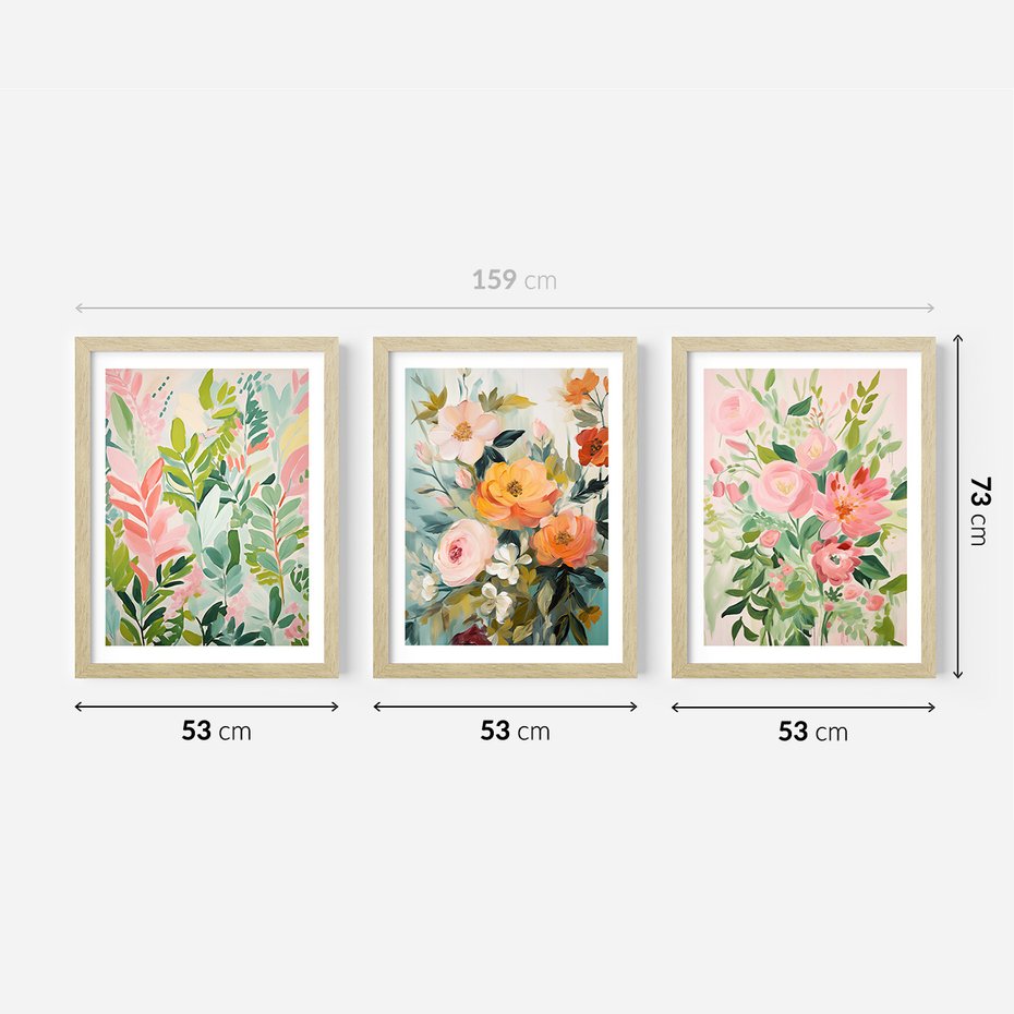Zestaw obrazy w ramie 50x70 galeria - kwiaty, akwarela, pastele, liście - rama drewno