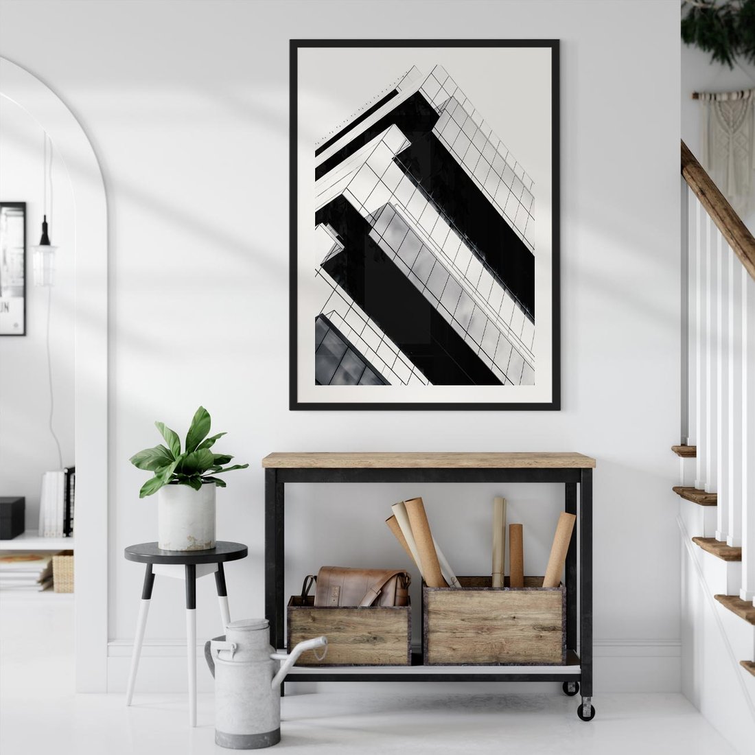Plakat w ramie 50x70 - Nowoczesna Surowość: Wieżowiec na Czarno-Białej Grafice - architektura, wieżowiec - rama czarna