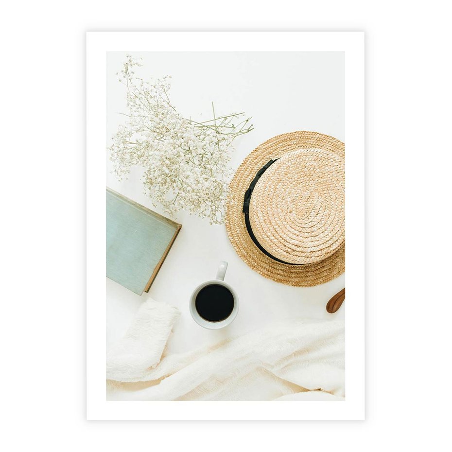 Plakat bez ramy 21x30 - Boho Urok - kompozycja boho, slomkowy kapelusz