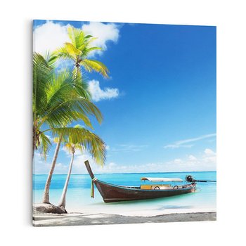 Obraz na płótnie 40x40 - Sielska plaża z łodzią na morzu - plaża, morze