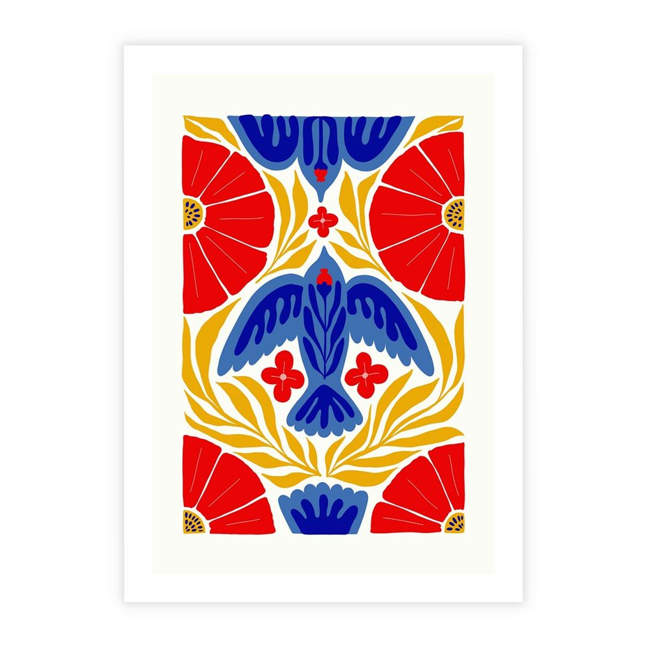 Plakat bez ramy 21x30 - Eklektyczny Majestat - wyrazista grafika, mocne kolory czerwień niebieski żółty