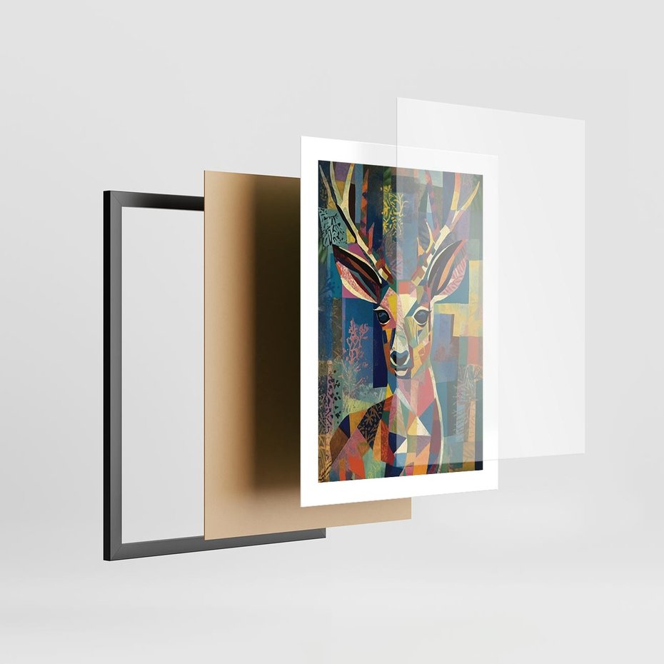 Plakat w ramie 30x40 - Bezgraniczne Kontury Zaskoczenia - abstrakcyjny obraz olejny, jeleń - rama czarna