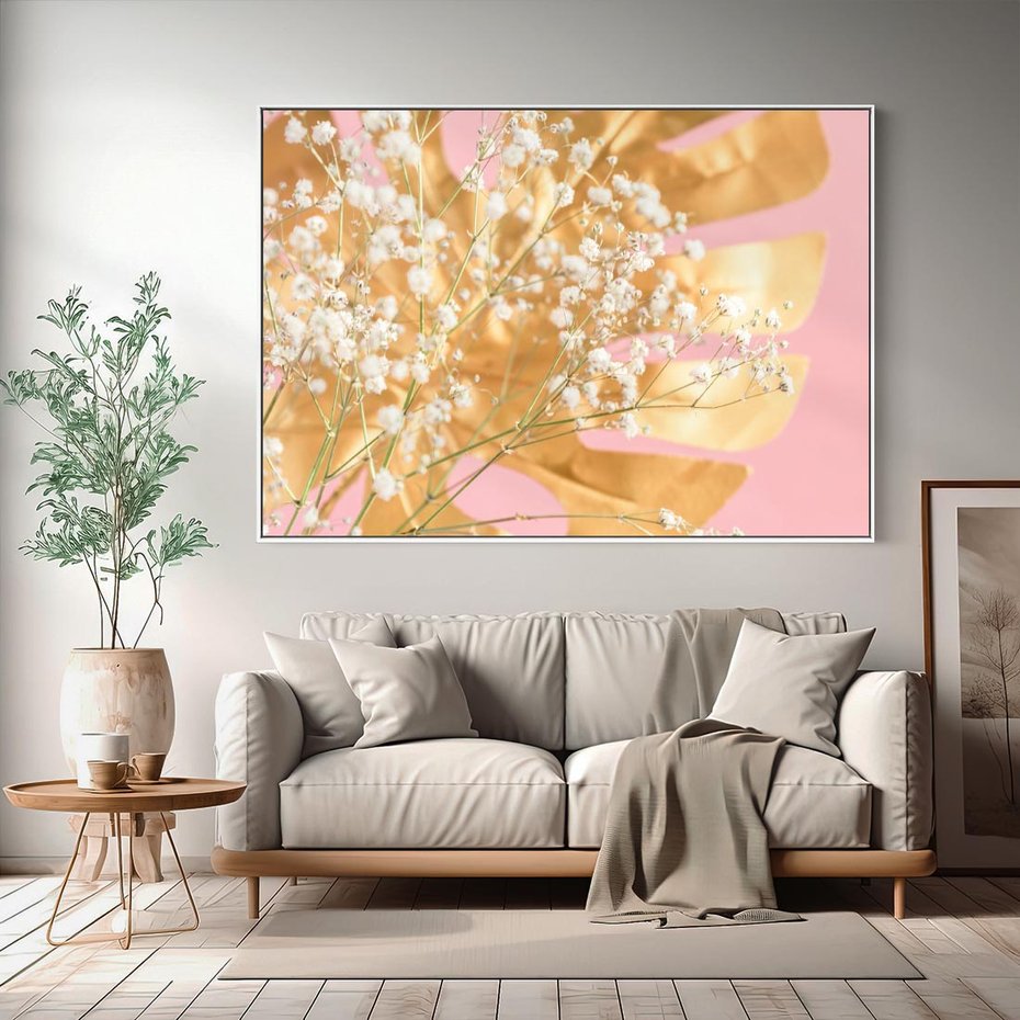 Obraz w ramie 100x70 - : Elegancja w Złocie - złote, liście - rama biała