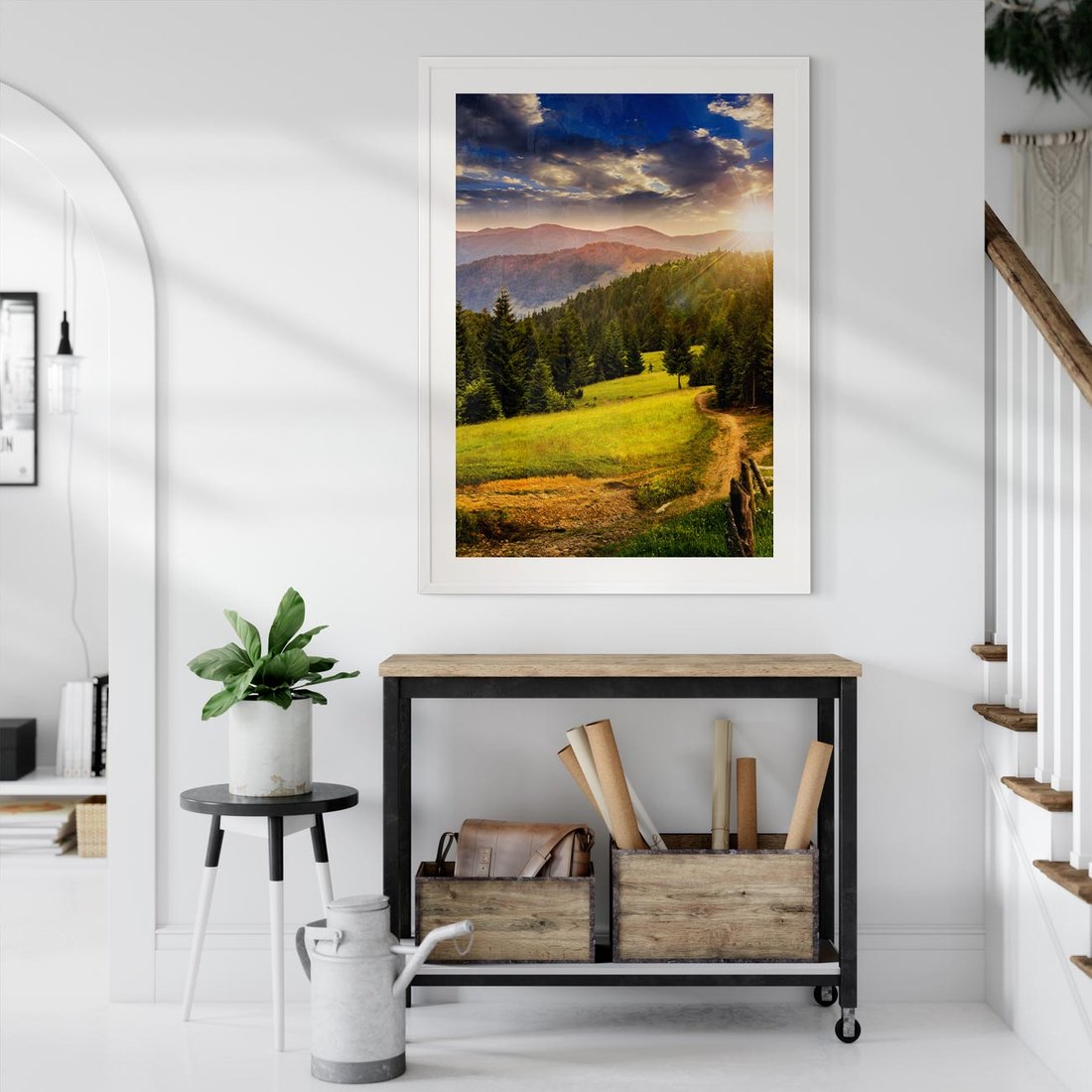 Plakat w ramie 50x70 - Zachód słońca na łące - zachód, łąka - rama biała