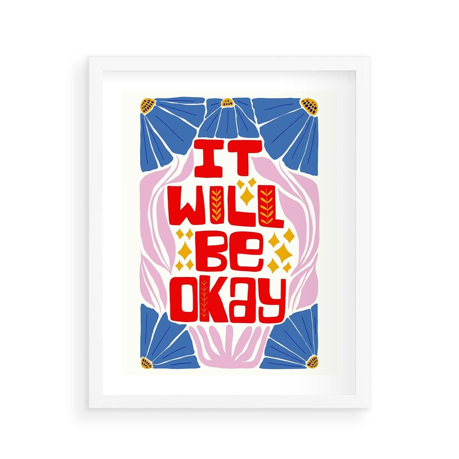 Plakat w ramie 40x50 - Kwiatowa Ekstaza - czerwona pozytywna typografia, kwiatowa kompozycja - rama biała