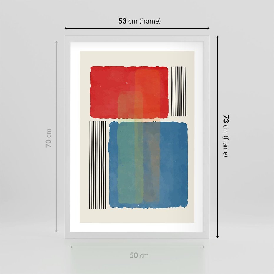 Plakat w ramie 50x70 - Kolorowe Spektrum - kolorowa geometria, prostokąty w intensywnych kształtach i czarne kreski - rama biała