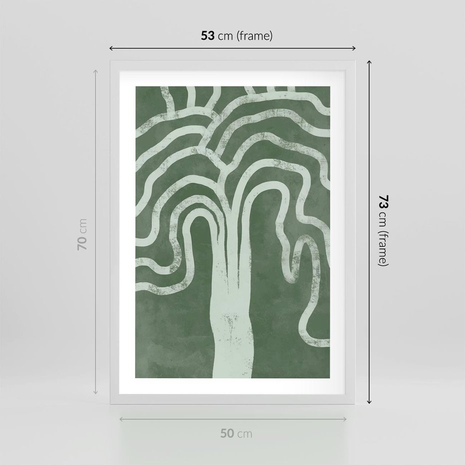 Plakat w ramie 50x70 - Inspirujące Zawiłości Zieleni - abstrakcyjny kształt, zielony plakat - rama biała