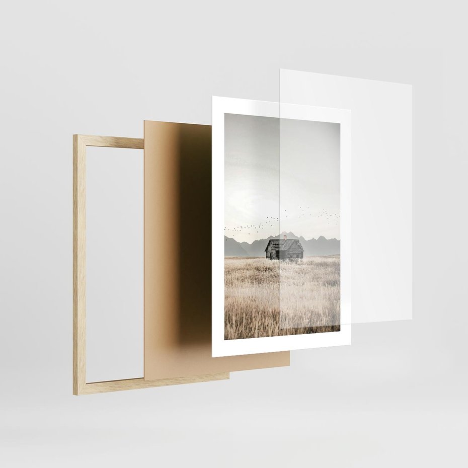 Plakat w ramie 30x40 - Wiejska Idylla - stary drewniany dom w polu suchej trawy, fotografia - rama drewno