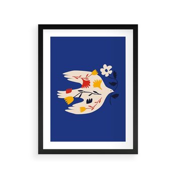 Plakat w ramie 30x40 - Bezczasowy Szept - niebieskie tło, abstrakcyjny biały ptak - rama czarna