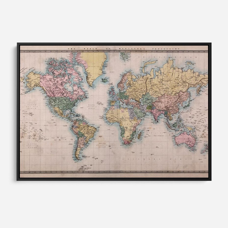 Obraz w ramie 100x70 - Światło Przeszłości - retro mapa świata, mapa - rama czarna