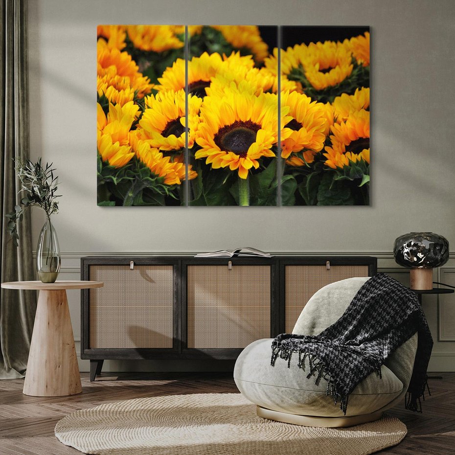 Obraz na płótnie 120x80 - promień słoneczny w kwiatowym świecie - słoneczniki, kwiat