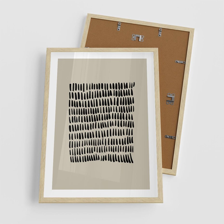 Plakat w ramie 50x70 - Energetyczne Pulsacje Nowości - boho plakat, czarne kropki kreski - rama drewno