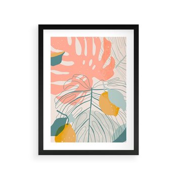 Plakat w ramie 30x40 - Sztuka Natury: Liście Monstery w Pastelach - nowoczesna grafika, pastelowe liście monstery - rama czarna