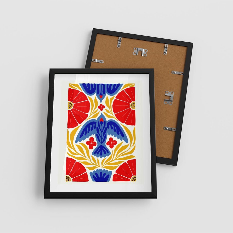 Plakat w ramie 40x50 - Eklektyczny Majestat - wyrazista grafika, mocne kolory czerwień niebieski żółty - rama czarna