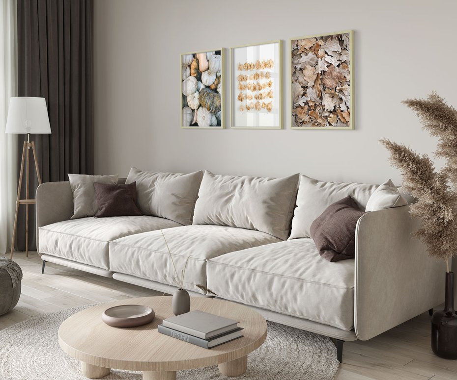 Zestaw obrazy w ramie 50x70 galeria - Jesień, liście, dynie, boho - rama drewno