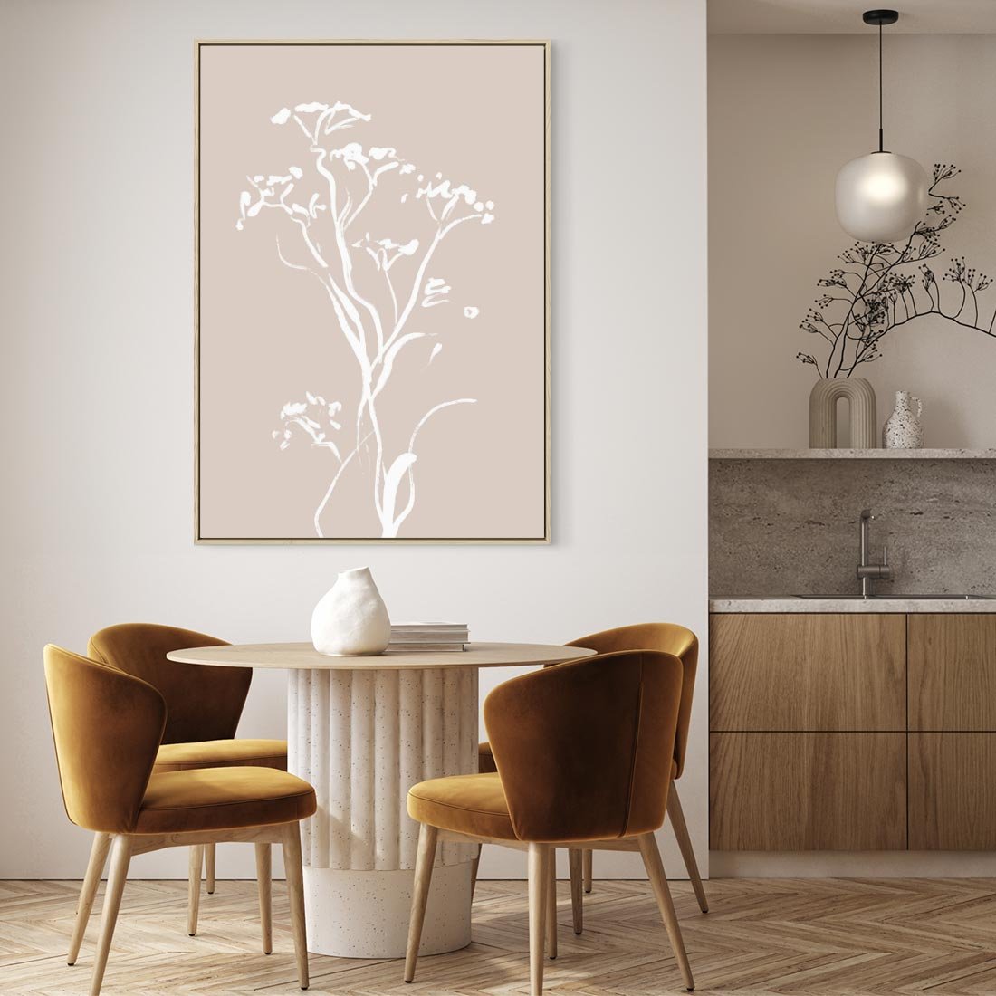 Obraz w ramie 80x120 - Harmonijne Mini Boho - minimalistyczny delikatny obraz, beżowe odcienie - rama drewno