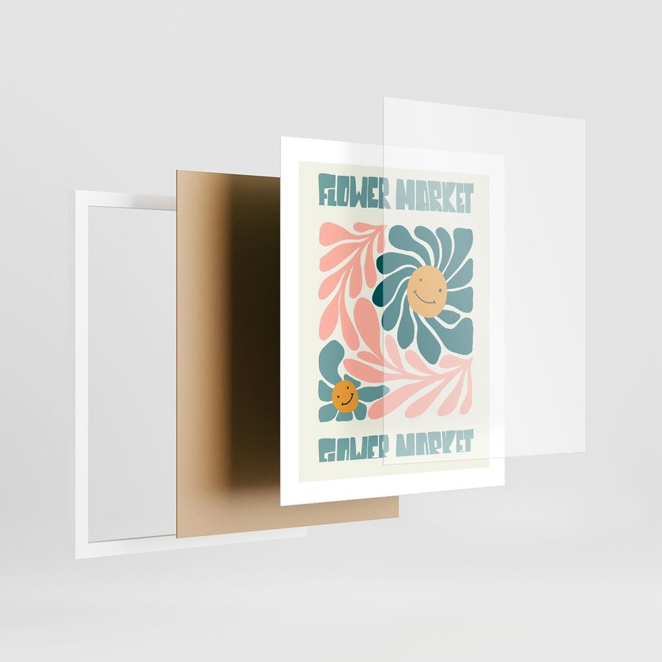 Plakat w ramie 40x50 - Harmonia płatków kwiatów - kwiatowa retro kompozycja, pastelowe kolory - rama biała