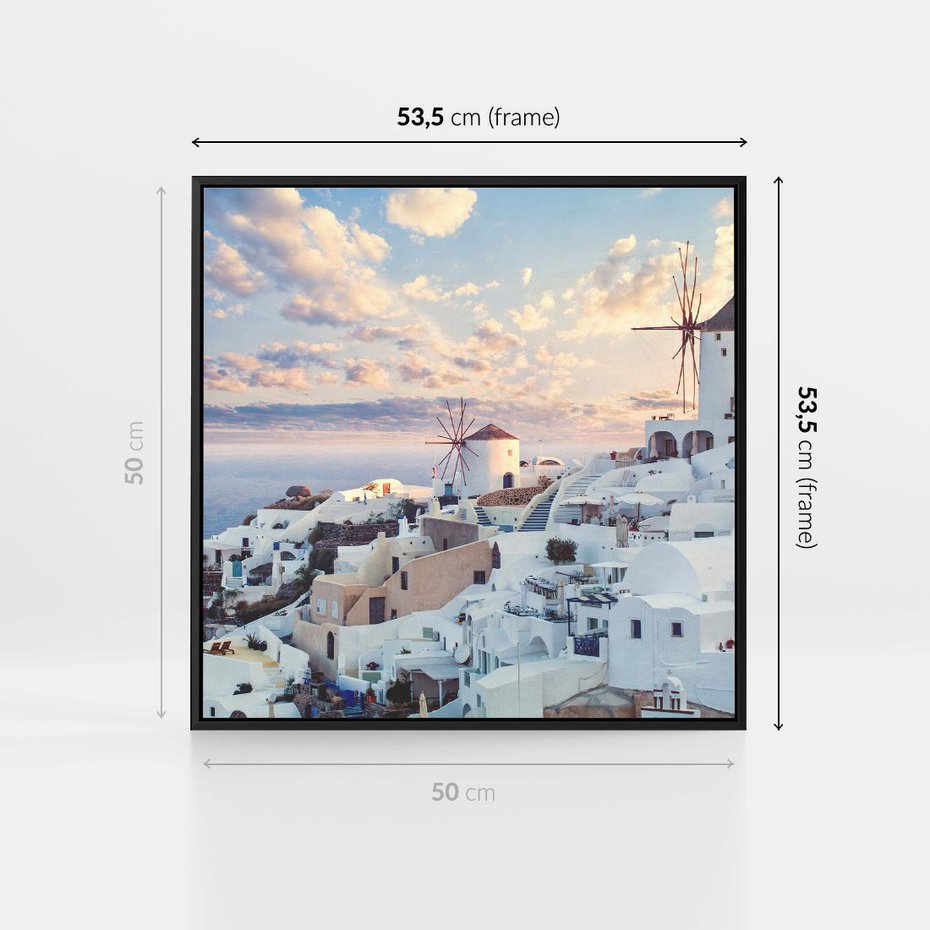 Obraz w ramie 50x50 - Biel ponad Błękitem - Santorini, białe budynki - rama czarna