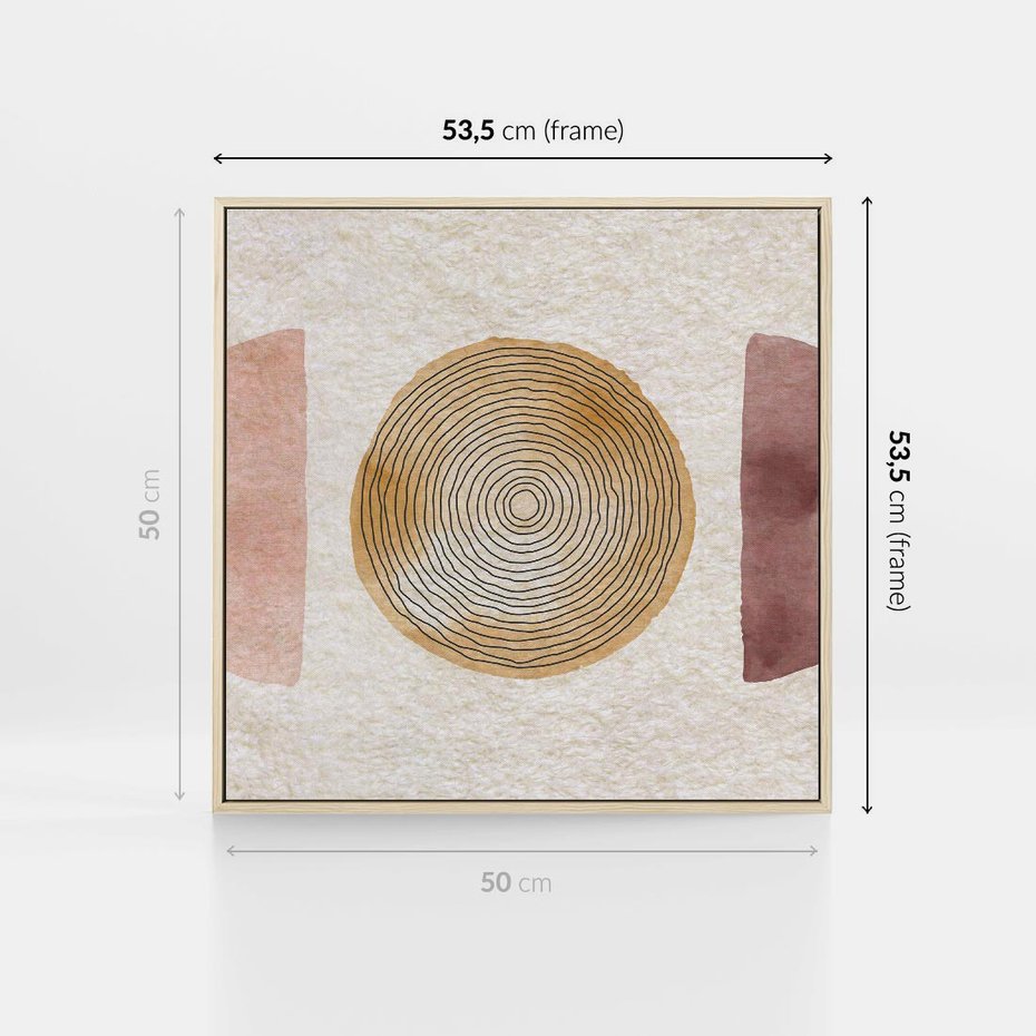 Obraz w ramie 50x50 - Zapisane w promieniach słońca - beżowe strukturalne tło, koła - rama drewno