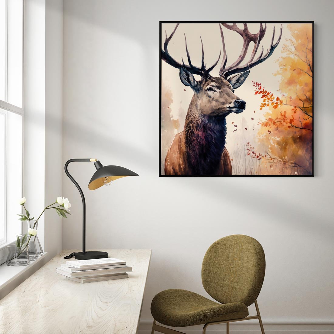 Obraz w ramie 50x50 - Jesienny Monarcha Lasu - grafika komputerowa, na podstawie obrazu - rama czarna