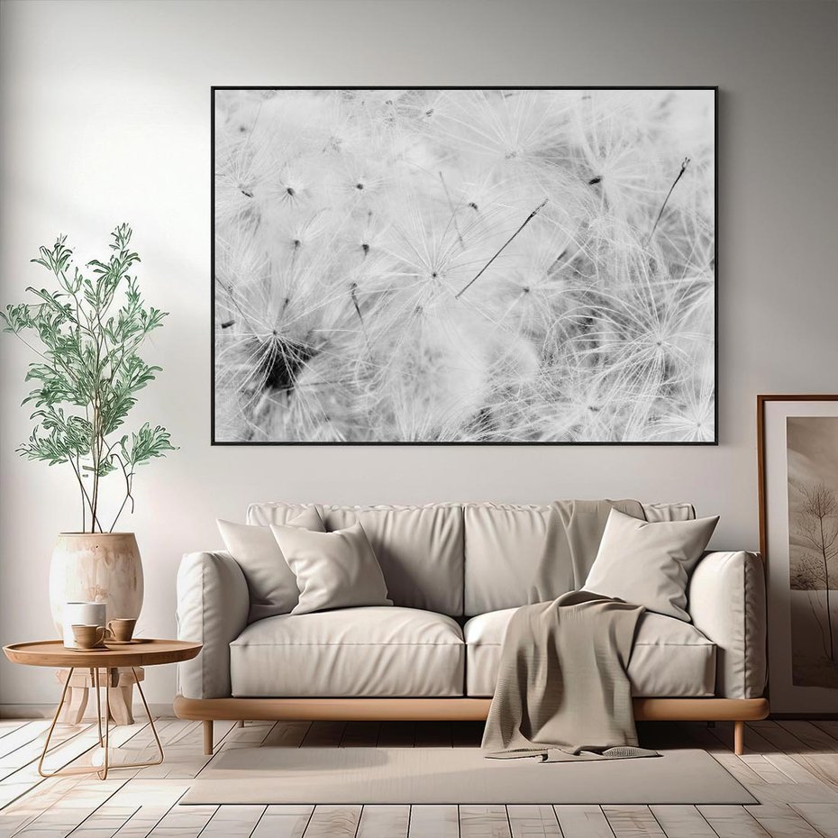 Obraz w ramie 100x70 - Zdmuchnięty Puch - dmuchawce, delikatne - rama czarna