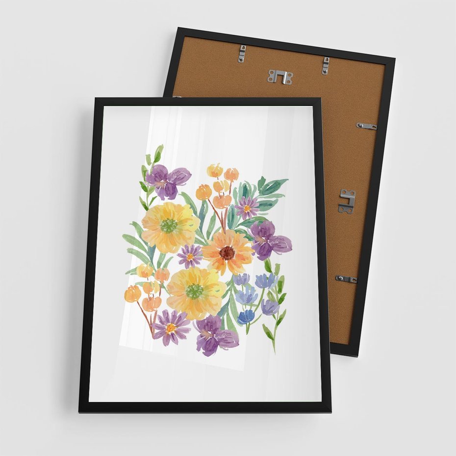 Plakat w ramie 50x70 - Kwiatowe Wibracje - akwarelowe polne kwiaty, minimalistyczny plakat - rama czarna