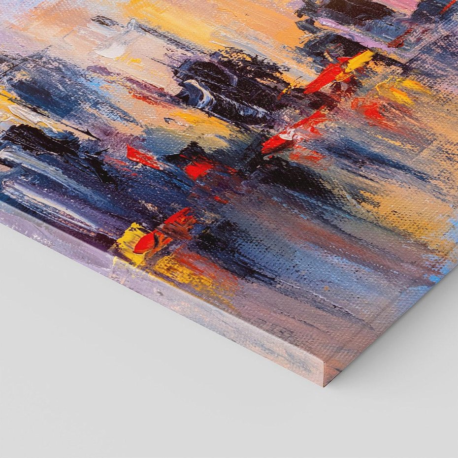 Obraz na płótnie 100x50 - Miasto Refleksji - olejna panorama miasta w oddali, wiezowce odbijają się w rzece