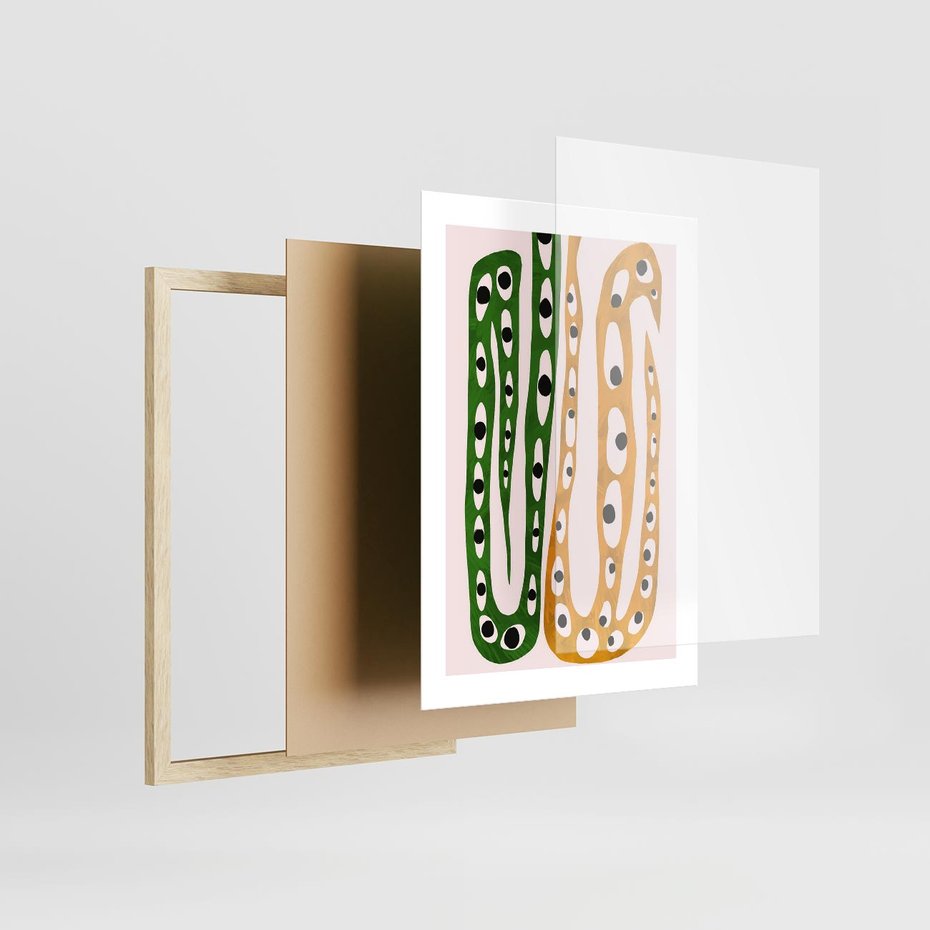 Plakat w ramie 30x40 - Migocące Zmaganie - abstrakcyjny obraz, dziwne kształty - rama drewno