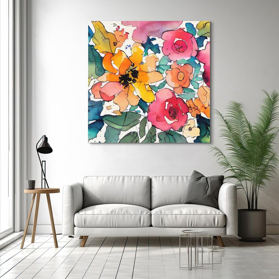 Obraz na płótnie 50x50 - Kwiatowy Impuls Kolorów - abstrakcyjne kolorowe kwiaty, szkic