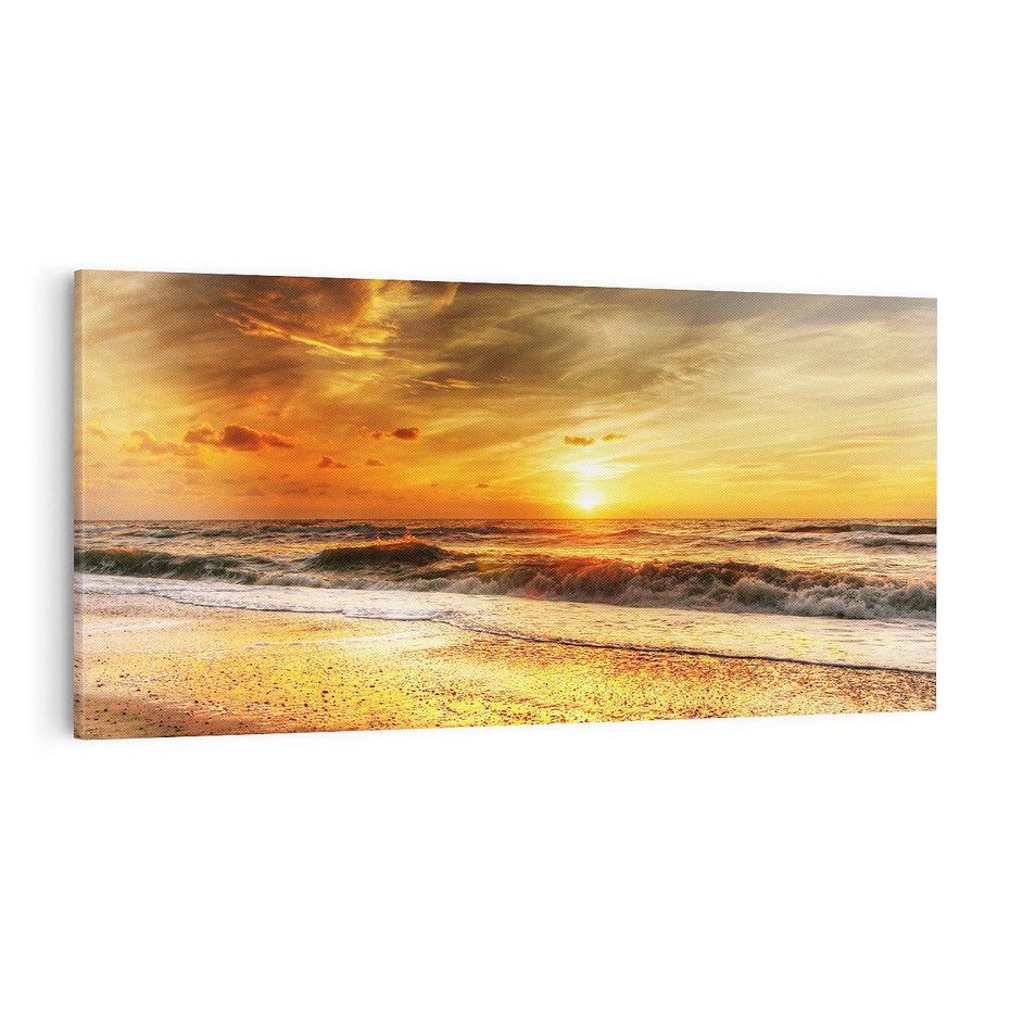 Obraz na płótnie 140x70 - Plaża Morza i Fale Zachodu Słońca - plaża, morze