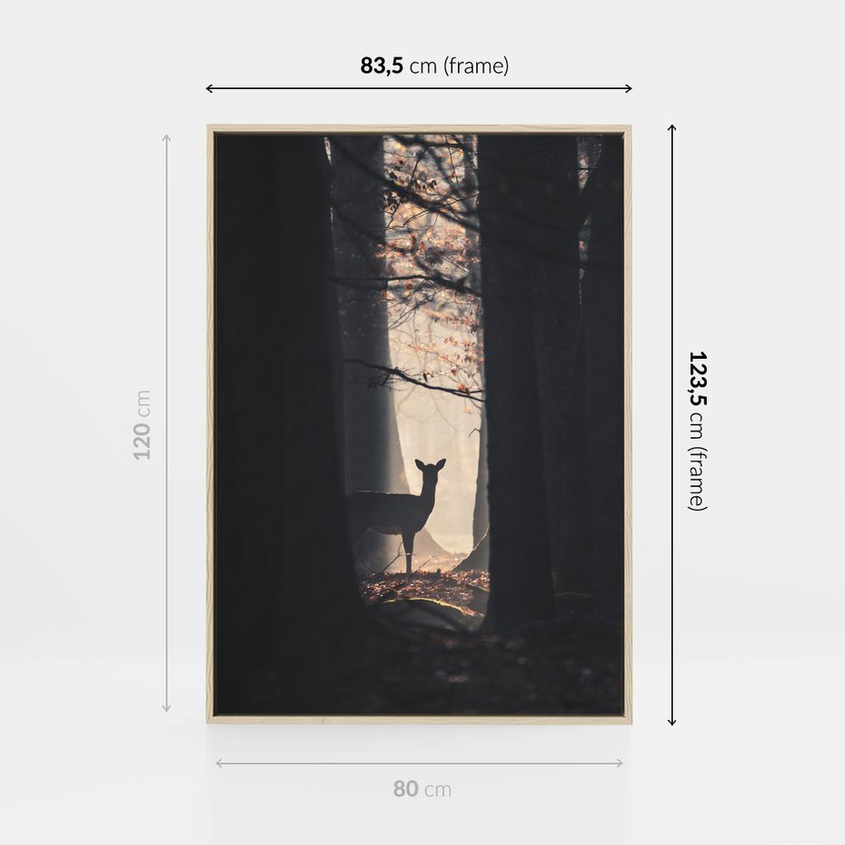 Obraz w ramie 80x120 - Sarnie Skoki - zdjęcie, klimatyczny las - rama drewno